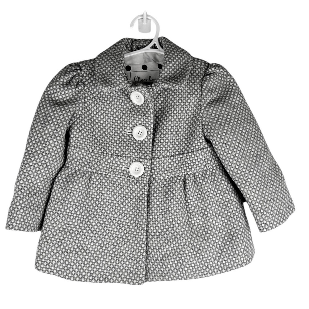Cherokee Gray & White Polka Dot 2 Button Girl's Winter Coat Wool Blend 12 months